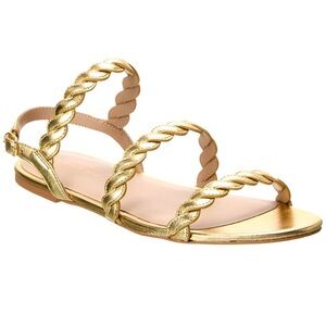 Stuart Weitzman, Twistie gold scrappy leather flat sandal, 7.5